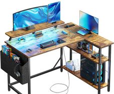 L Shaped Gaming Desk with LED Lights & Power Outlets, 120x80cm