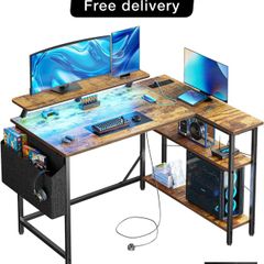 L Shaped Gaming Desk with LED Lights & Power Outlets, 120x80cm