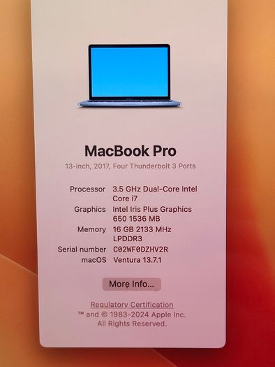 MacBook Pro 13.3" Touch Bar A1706 2017 3.5GHz Intel i7 | 500GB SSD | 16GB Memory macOS Ventura (Iris Plus Graphics 650 1536 MB) Battery Cycle: 131