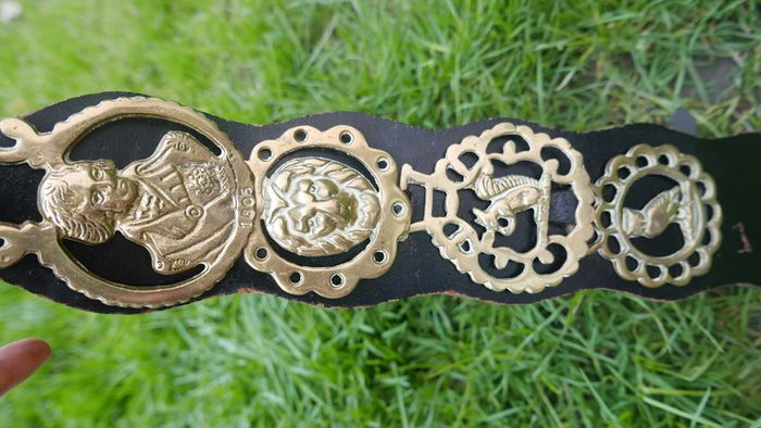 Horse Brass Badges on Black leather belt - Vintage solid brass