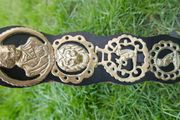 Horse Brass Badges on Black leather belt - Vintage solid brass