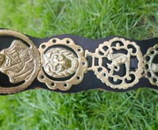 Horse Brass Badges on Black leather belt - Vintage solid brass