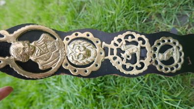 Horse Brass Badges on Black leather belt - Vintage solid brass