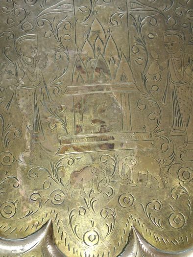 Antique Brass Charger Tray Hand-Engraved Mughal court figures. The Charger has a distinct Scalloped edge and is heavily decorated. Similar items often date from the late 19th century, specifically around the 1870s or 1880s