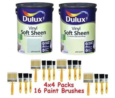 TWO 5 Litre Dulux Paints with 16 Coral Essentials Paint Brushes (All Brand New Unopened)