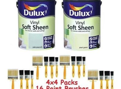 TWO 5 Litre Dulux Paints with 16 Coral Essentials Paint Brushes (All Brand New Unopened)