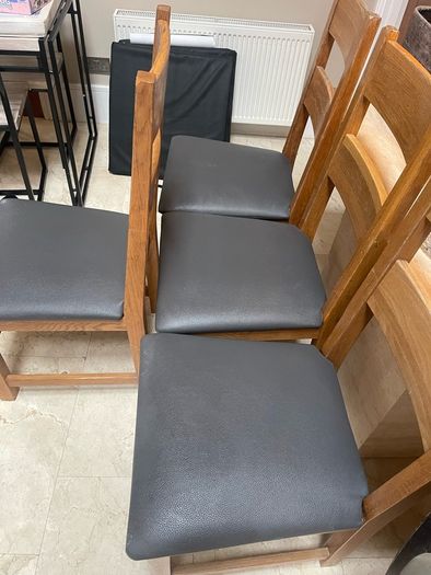 4 x Extremely Solid Genuine Grey Leather Oak Kitchen Dining Chairs - Can Deliver