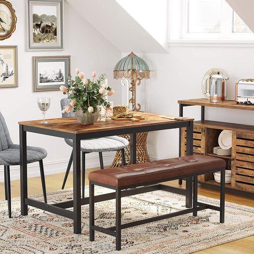 _Padded Dining Bench Kitchen Bench 108 x 32.5 x 48 cm PU Cover Steel Frame for Dining Room Living Room Hallway Brown Black