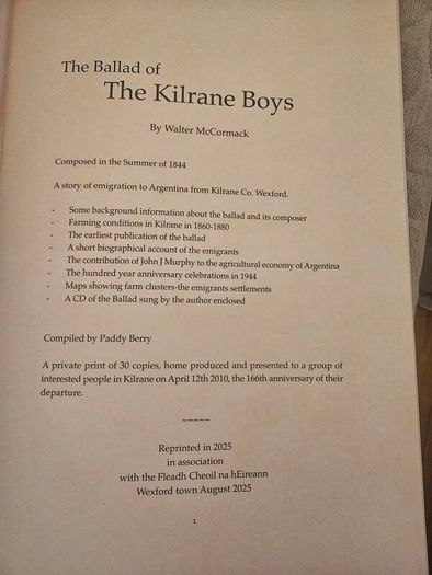 The Kilrane Boys. A Co Wexford Emigration Ballad 1844. By Paddy Barry. Large Volume Paperback In Good Condition.  See Photos For Same.