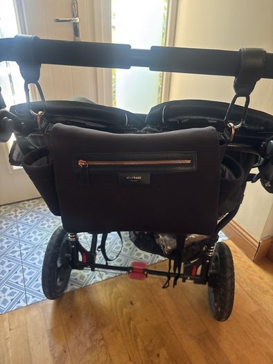 Double Out and About Buggy with Raincover + Storksak Stroller Organiser + pair buggy bag clip attachments + hand warmer