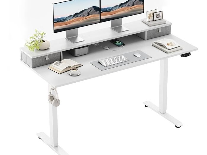 Electric Height Adjustable Desk, with 2 Fabric Drawers, 100x60cm  72-116cm Height, Stable Sit-Stand Standing Desk w. 2 Memory Buttons, Computer Desk for Home Office, 2 pcs Desktops, White