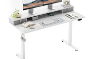 Electric Height Adjustable Desk, with 2 Fabric Drawers, 100x60cm  72-116cm Height, Stable Sit-Stand Standing Desk w. 2 Memory Buttons, Computer Desk for Home Office, 2 pcs Desktops, White