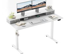 Electric Height Adjustable Desk, with 2 Fabric Drawers, 100x60cm  72-116cm Height, Stable Sit-Stand Standing Desk w. 2 Memory Buttons, Computer Desk for Home Office, 2 pcs Desktops, White