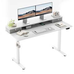 Electric Height Adjustable Desk, with 2 Fabric Drawers, 100x60cm  72-116cm Height, Stable Sit-Stand Standing Desk w. 2 Memory Buttons, Computer Desk for Home Office, 2 pcs Desktops, White