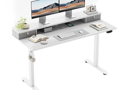 Electric Height Adjustable Desk, with 2 Fabric Drawers, 100x60cm  72-116cm Height, Stable Sit-Stand Standing Desk w. 2 Memory Buttons, Computer Desk for Home Office, 2 pcs Desktops, White