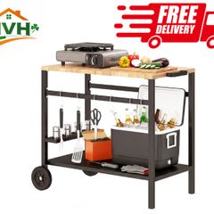 2-Tier BBQ Cart Side Table for Mobile Barbecue with Wheels, Drink Holder, Hooks, Handle, Black and Brown