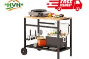 2-Tier BBQ Cart Side Table for Mobile Barbecue with Wheels, Drink Holder, Hooks, Handle, Black and Brown