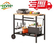 2-Tier BBQ Cart Side Table for Mobile Barbecue with Wheels, Drink Holder, Hooks, Handle, Black and Brown