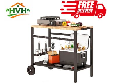 2-Tier BBQ Cart Side Table for Mobile Barbecue with Wheels, Drink Holder, Hooks, Handle, Black and Brown