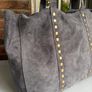 Grey suede leather tote bag with studs Image 2
