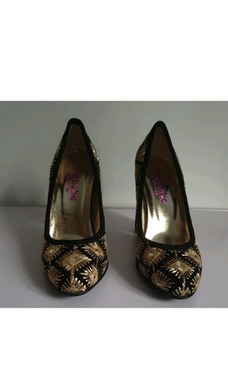 Le Babe Mirror 5019 Black Gold Embroidered Block Heel Court Shoes EU36 BNIB CAN POST