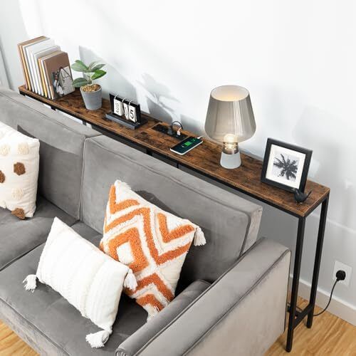 Console Table with Power Outlet, 180 cm Narrow Sofa Table, Industrial Entryway Table with USB Ports, Behind Couch Table for Entryway, Hallway, Foyer, Living Room, Rustic Brown