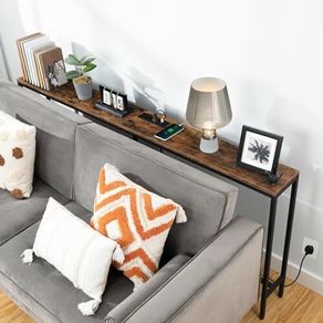 Console Table with Power Outlet, 180 cm Narrow Sofa Table, Industrial Entryway Table with USB Ports, Behind Couch Table for Entryway, Hallway, Foyer, Living Room, Rustic Brown