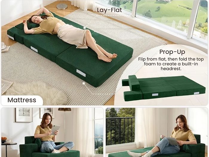 Sofa Bed Single Convertible Chair Bed with Pillow & Armrests, Foldable Futon Mattress with Back Support, Boneless Sofa Bed for Living Room and Bedroom, Dark Green