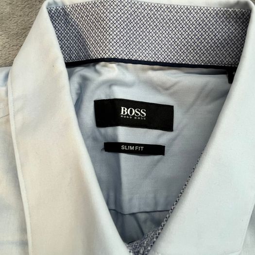 HUGO BOSS Smart Shirt Size 16 M 41 - Light Blue Office Slim Fit Long Sleeve