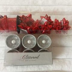Christmas Gift Wrapping & Decor Bundle - Red Bows, Ribbon & Silver LED Votives