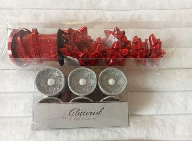 Christmas Gift Wrapping & Decor Bundle - Red Bows, Ribbon & Silver LED Votives