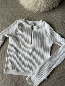 Zara White Ribbed Zip Cropped Top XS/S