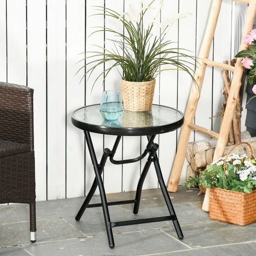 NEW SALE | 45CM Garden Round Table Foldable Dining Table with Safety Buckle Glass Tabletop Metal Covered Edge for Patio Garden Outdoor Indoor Space