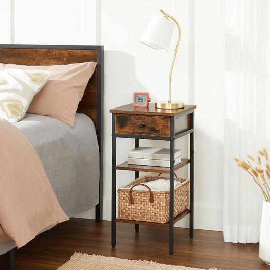 Set of 2 Vintage Brown & Black Bedside Tables with Drawer & Shelves