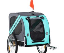 Folding Dog Bike Trailer Pet Cart Carrier for Bicycle Travel in Steel Frame with Hitch Coupler - Light Blue & Grey