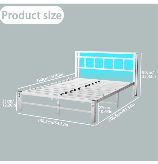 Double Bed Frame with Storage Headboard,4ft6 Bed Frame Double Bed Base with Charging Station and LED Lights,Metal Platform Double Bed 135x190,Mattress Base No Box Spring Needed,No Noise,White