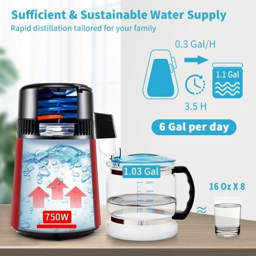 Water Distiller, 1 L/H, 4L Distilled Water Maker with 0-99 H Timing, 750W Countertop Water Purifier with Dual Temp Display