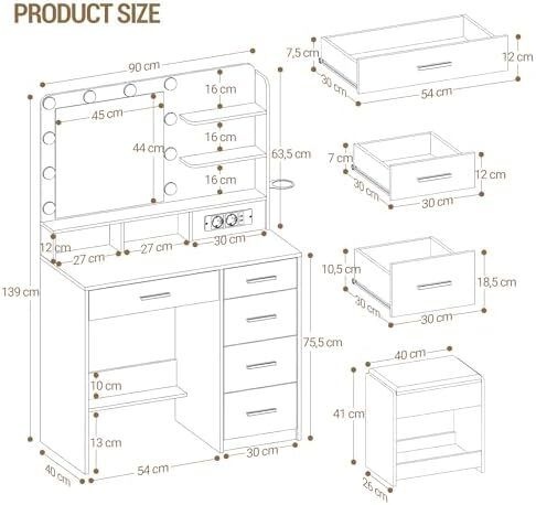 Dressing Table with 10 LED Lighting, Stool, Dressing Table with Large Mirror, Dressing Tables with Plug, and Hair Dryer Holder and Multiple Drawers, Black