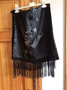 Stunning Planet ladies black satin floral embrodiered wrap shawl  includes postage