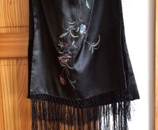 Stunning Planet ladies black satin floral embrodiered wrap shawl  includes postage