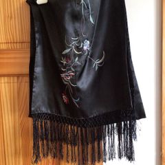 Stunning Planet ladies black satin floral embrodiered wrap shawl  includes postage