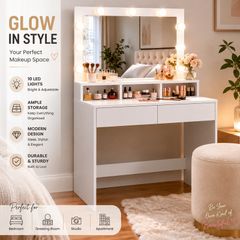 White LED Dressing Table with Mirror, Hollywood Lights