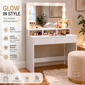 White LED Dressing Table with Mirror, Hollywood Lights