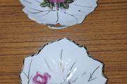 2 leaf shaped with gilt trim porcelain trinket dishes, marked Foreign