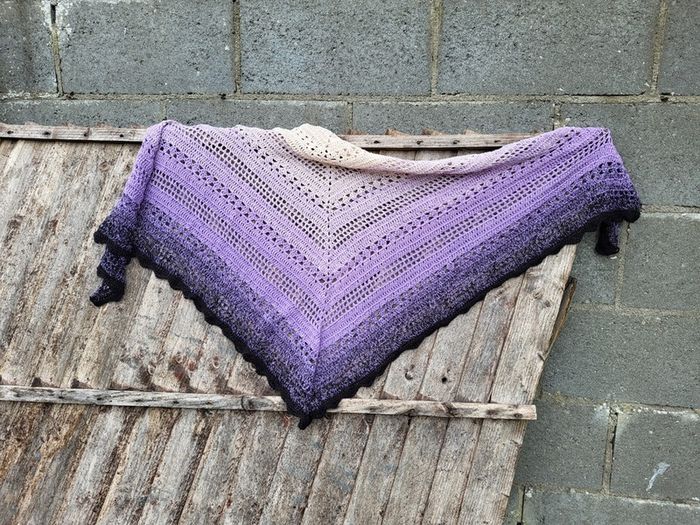 Handmade crochet triangle shawl wrap. Violet lila black ombre lacy shawl