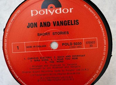 John and Vangelis - Short Stories LP. 1979 UK first pressing. Plays perfectly but no cover. Bargain!