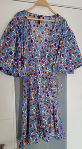 Influence blue cross body dress with puff sleeves Sz 16UK