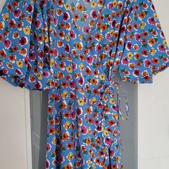 Influence blue cross body dress with puff sleeves Sz 16UK
