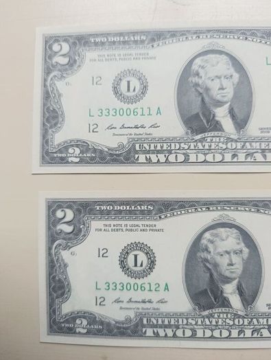 Lot 1.2 UNC 2 Dollar Banknotes in Sequence