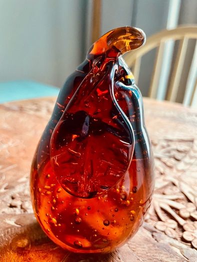 Large Vintage Amber Art Glass Pear Paperweight Hand Blown Bubble Glass Autumn Decor